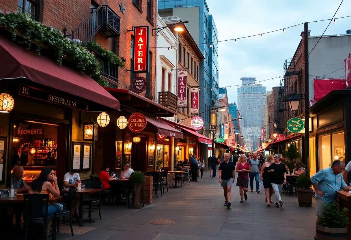 A lively downtown scene in Tallahassee featuring bustling restaurants and nightlife.