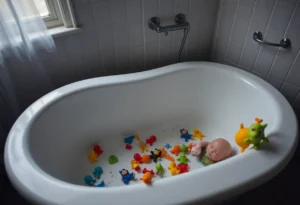 An empty bathtub with children's toys, symbolizing child safety issues.