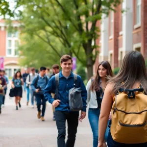 Florida A&M University campus with students and tuition announcement banner