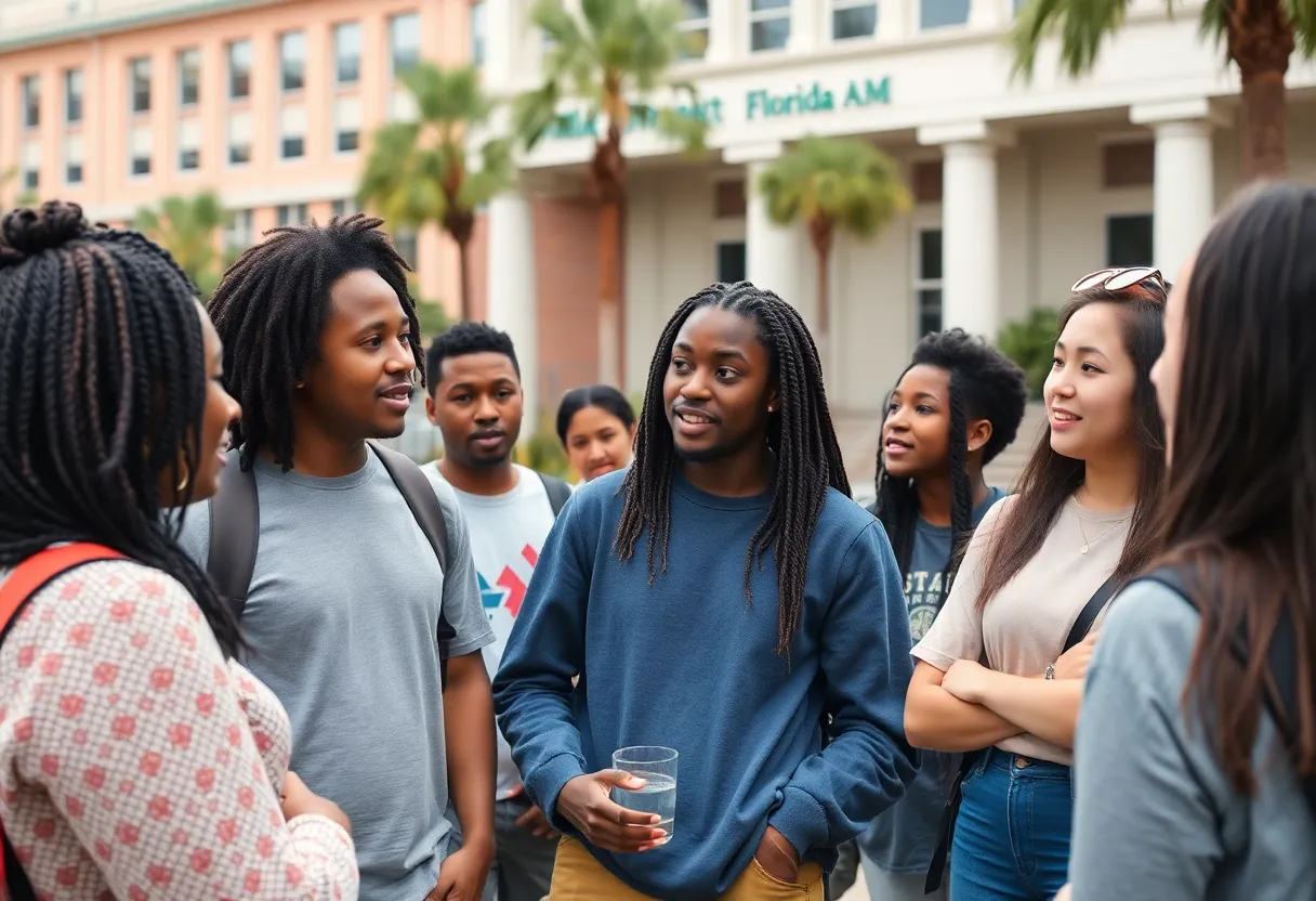 Students discussing FAMU's 100-day action plan on campus