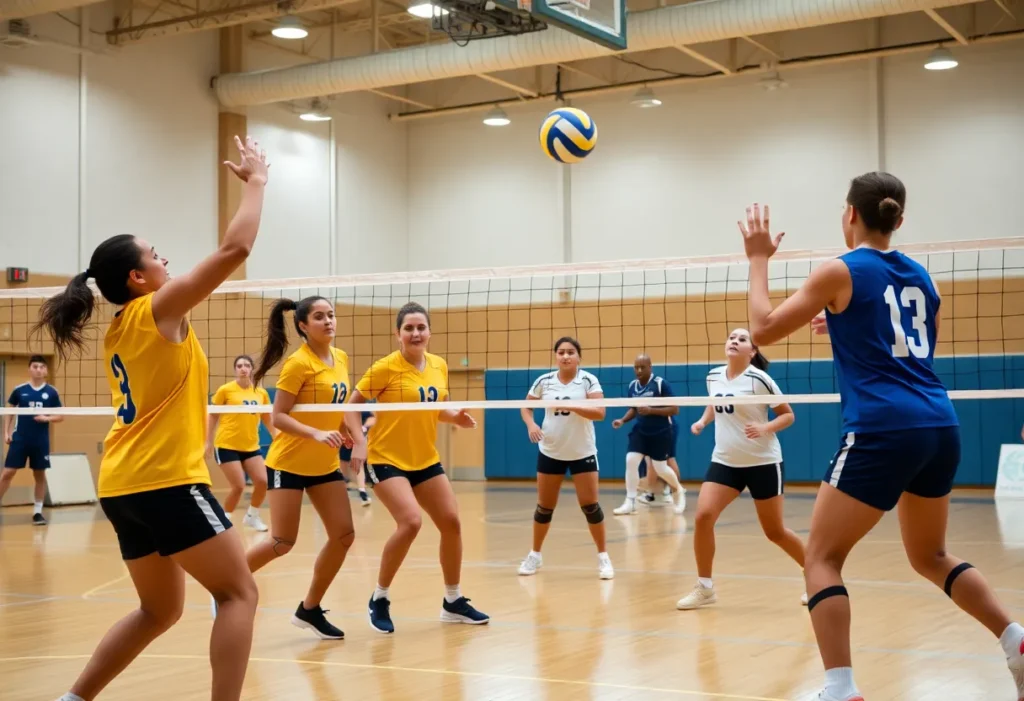 Florida A&M volleyball players in an intense match against Jackson State.