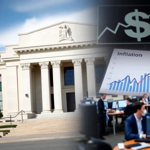 Federal Reserve building with economic visuals