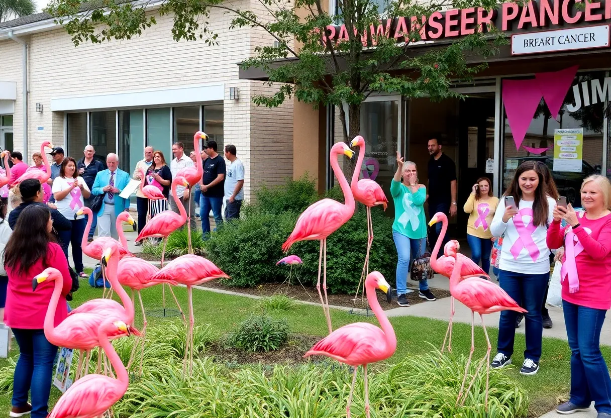 Community members participating in the Flamingo Challenge for breast cancer awareness.