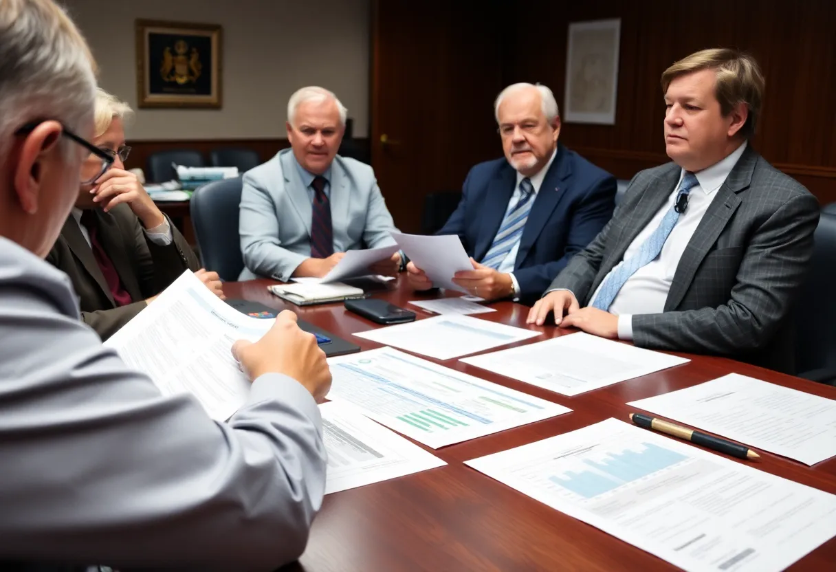Local government officials at a meeting discussing property tax concerns