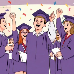 Students celebrating graduation with educational reform themes