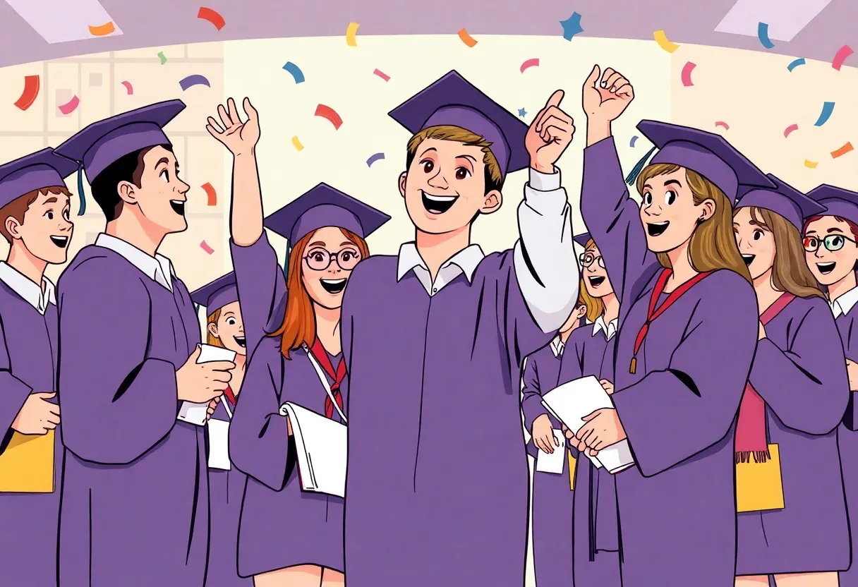 Students celebrating graduation with educational reform themes