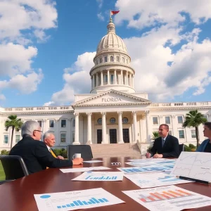 Florida State Capitol with lawmakers discussing budget plans