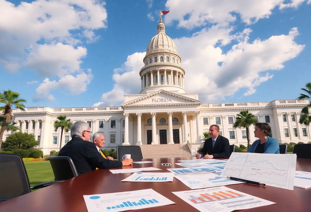 Florida State Capitol with lawmakers discussing budget plans
