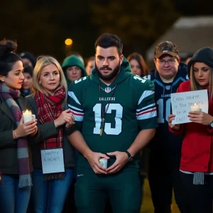 Supportive community rallying with candles and football gear after a shooting incident.