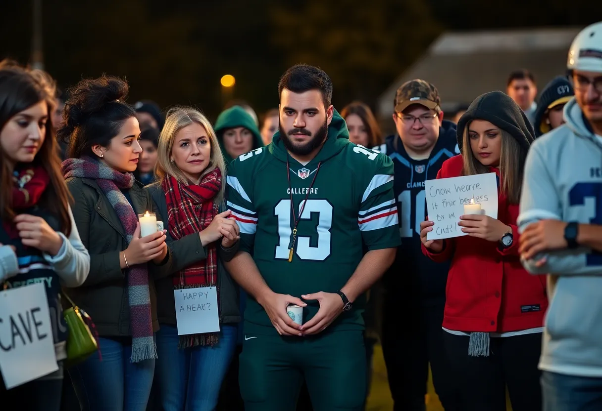 Supportive community rallying with candles and football gear after a shooting incident.