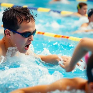 Young athletes competing in a swimming pool representing Florida State University.