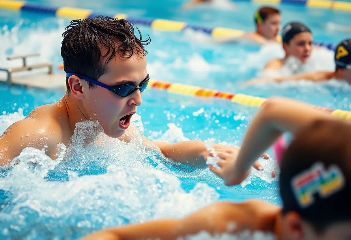Young athletes competing in a swimming pool representing Florida State University.