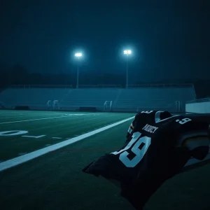 Empty football field with a jersey symbolizing loss