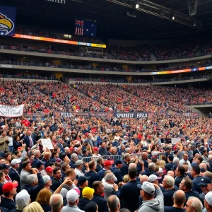 Crowd celebrating Jameis Winston's Hall of Fame induction at a football stadium