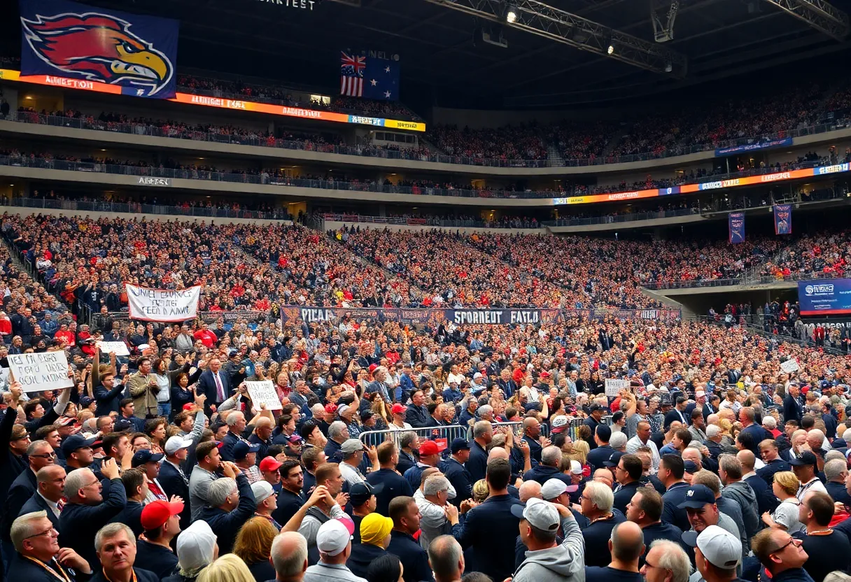 Crowd celebrating Jameis Winston's Hall of Fame induction at a football stadium