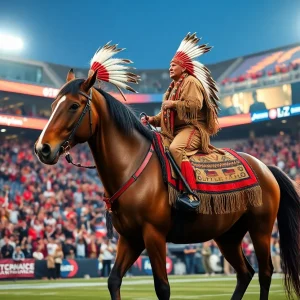 Chief Osceola on his horse Renegade in a football stadium