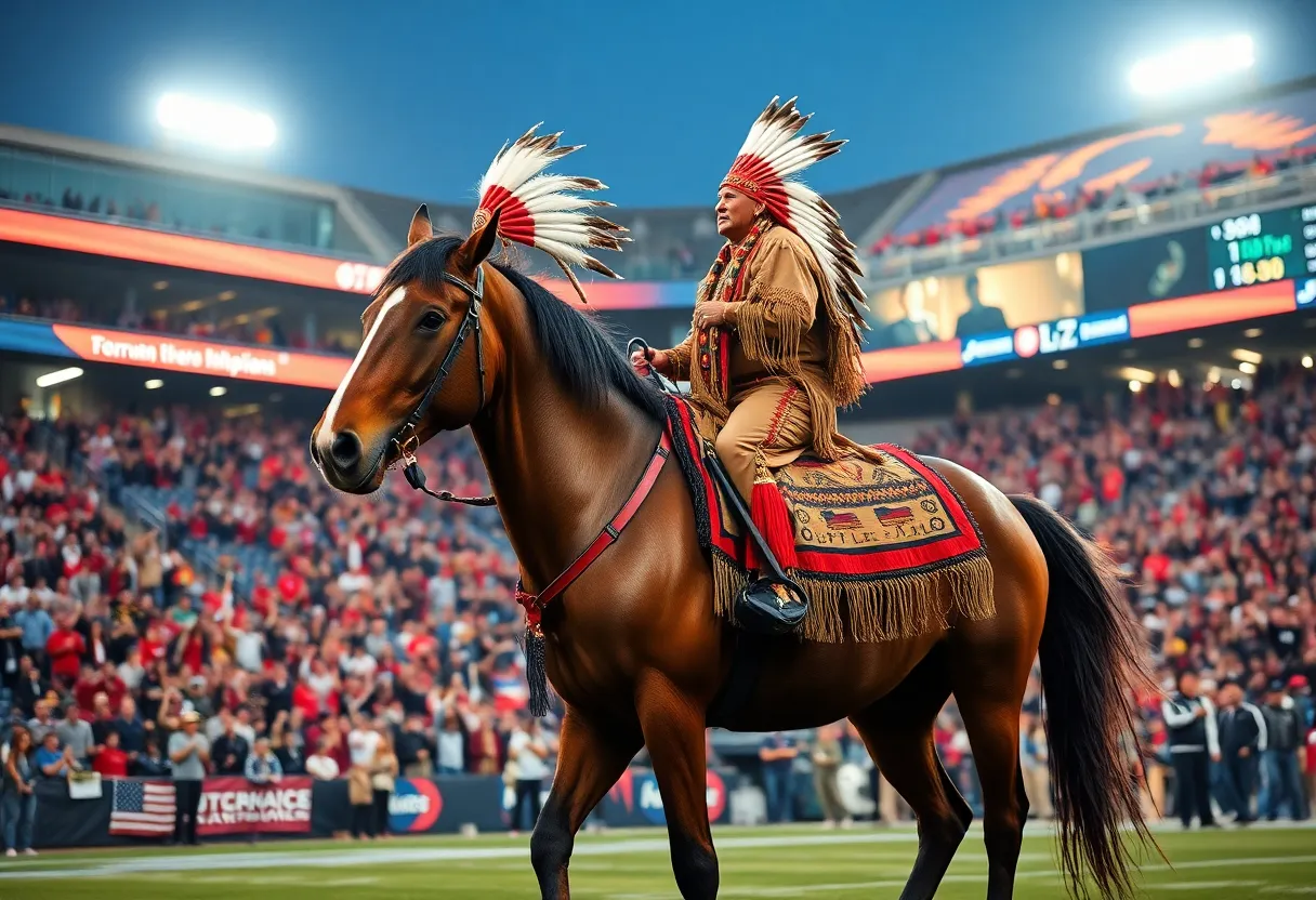 Chief Osceola on his horse Renegade in a football stadium