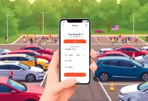 Illustration of a smartphone with a parking app at an athletic event