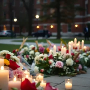 Memorial with flowers and candles on Florida State University campus