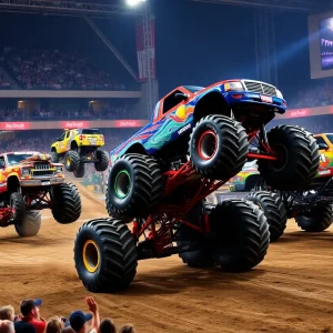 Colorful monster trucks performing at the Hot Wheels Monster Trucks Live event