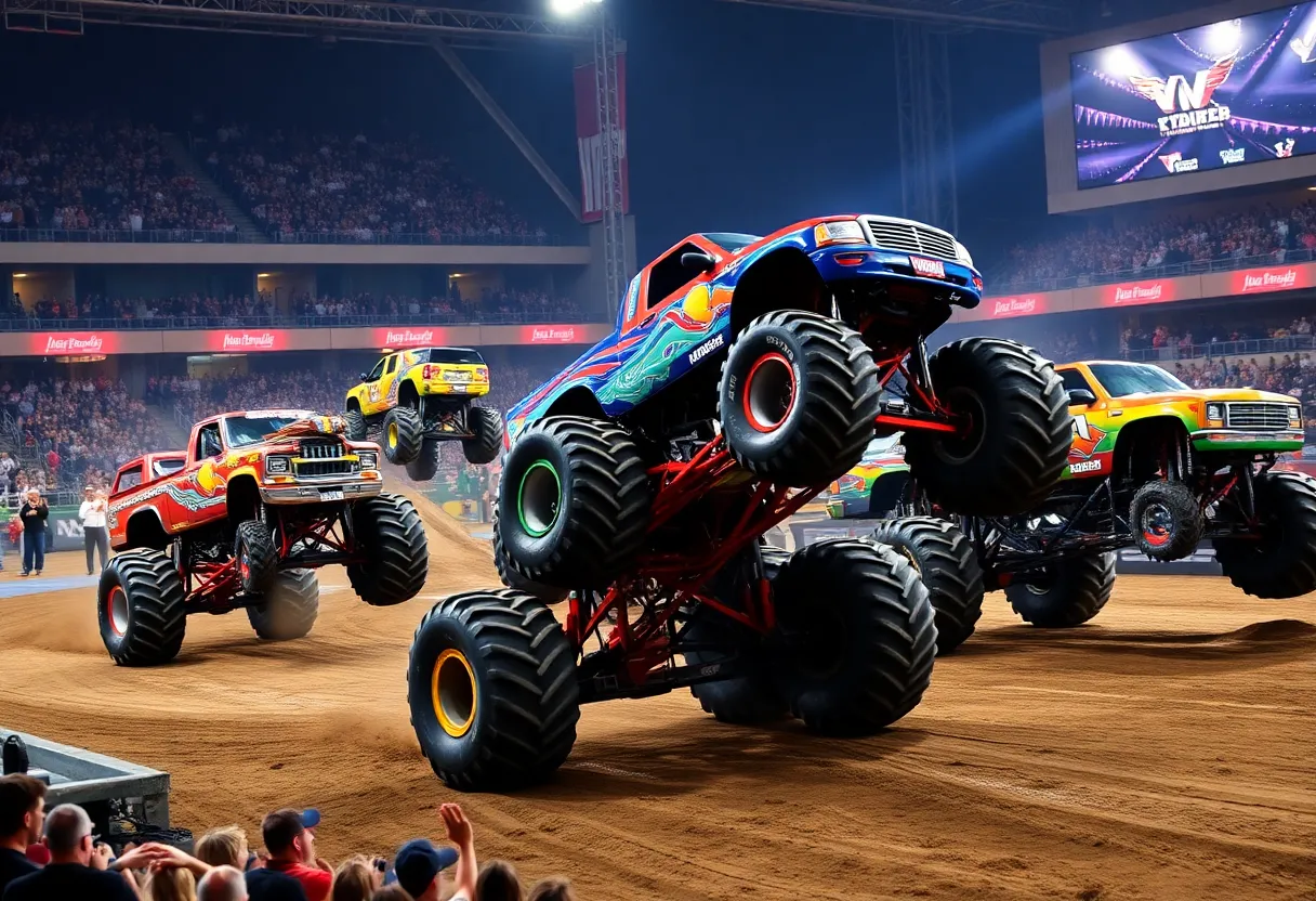 Colorful monster trucks performing at the Hot Wheels Monster Trucks Live event
