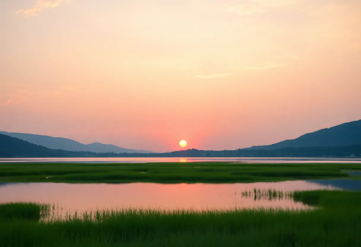Scenic sunset over a lake as a tribute to John Newton