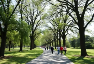 Canopied walking trail at Lake Overstreet with participants walking