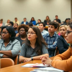 Community members engaging in a school budget meeting