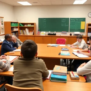 School board meeting discussing budget and education funding