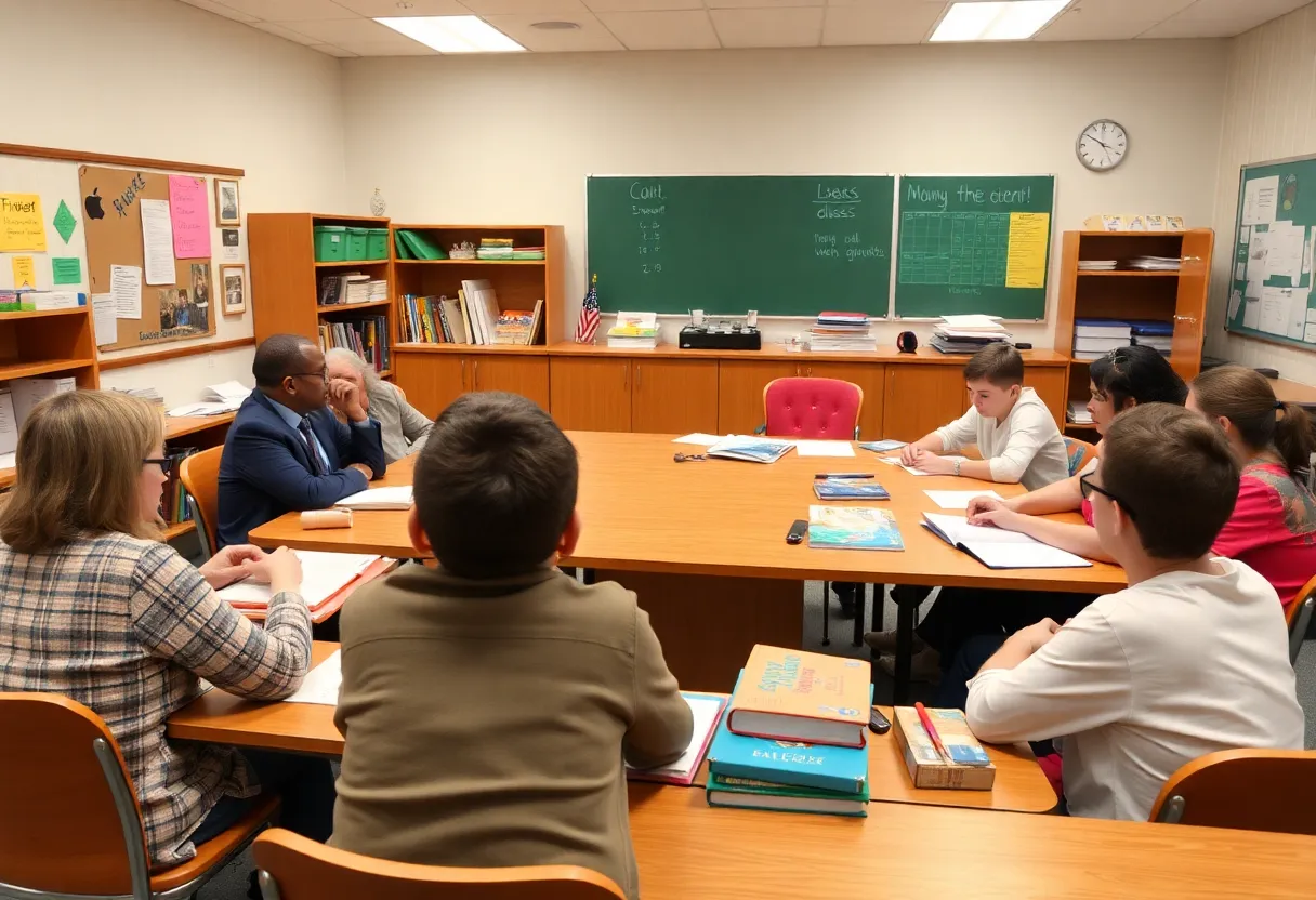 School board meeting discussing budget and education funding