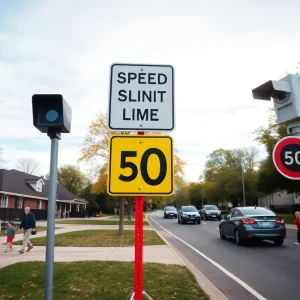 A school zone featuring speed limit signs and a speed enforcement camera.