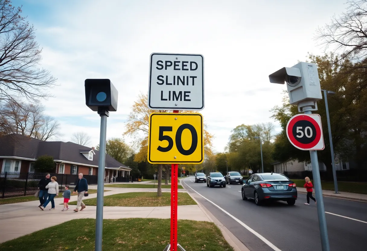 A school zone featuring speed limit signs and a speed enforcement camera.