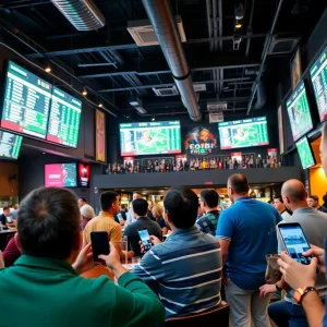 A crowded sports bar with people engaging in betting activities during a football game.