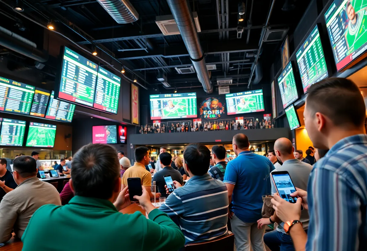 A crowded sports bar with people engaging in betting activities during a football game.