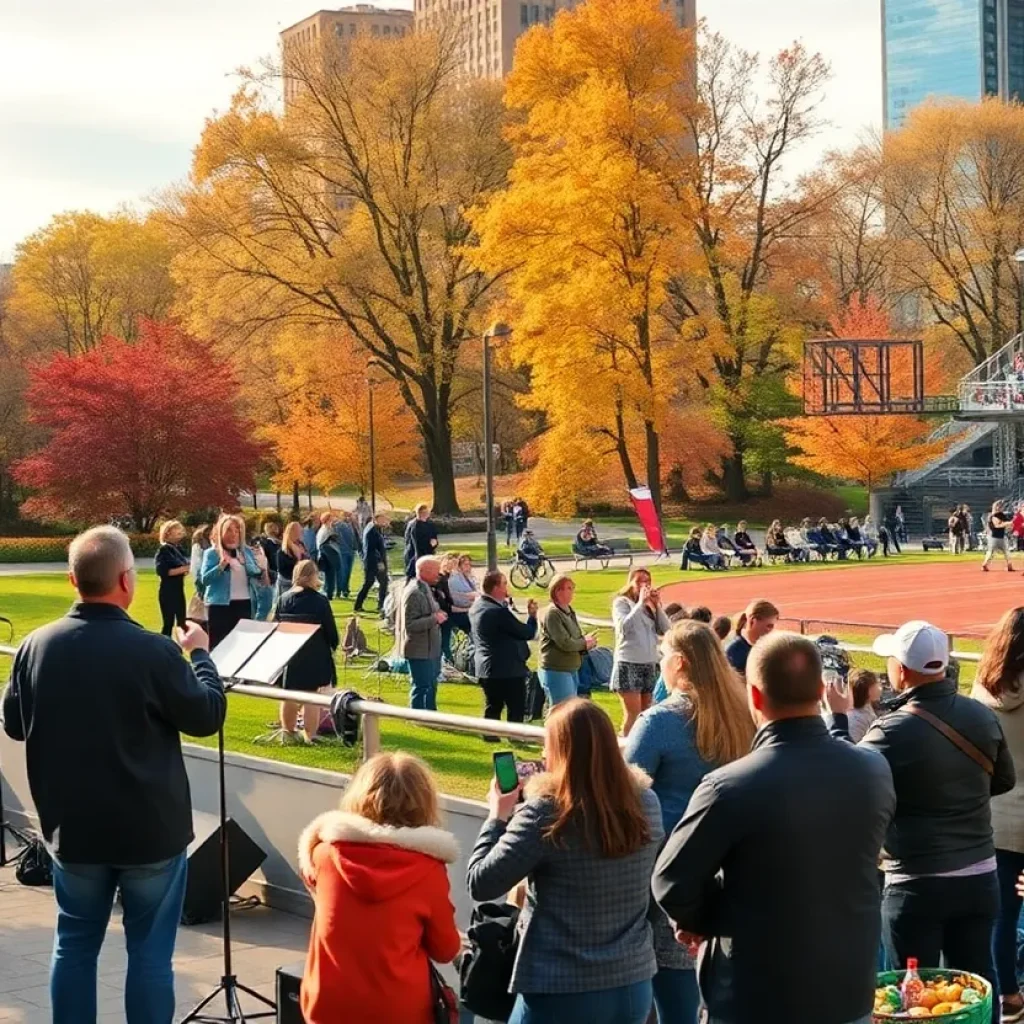 A vibrant fall day in Tallahassee featuring musicians and sports fans