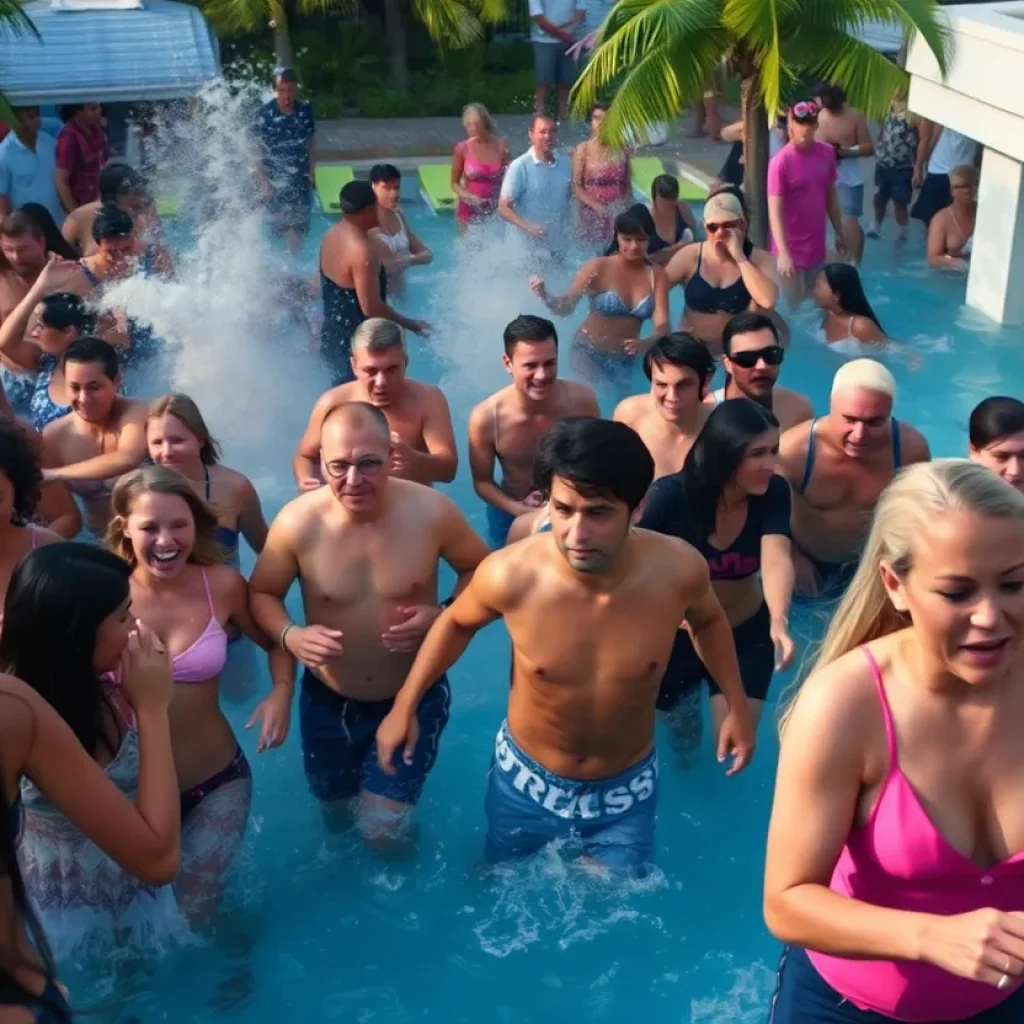 Scene of a pool party in Tallahassee with people reacting to a shooting incident.