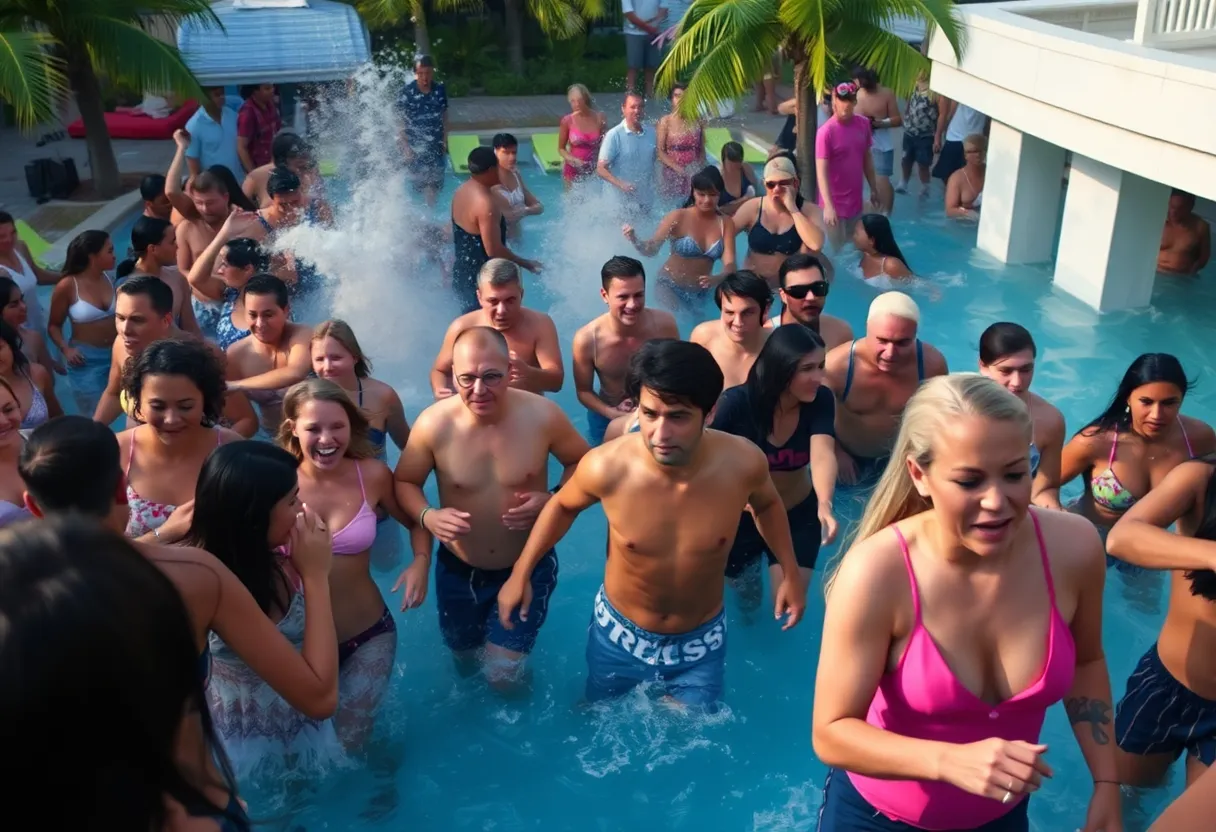 Scene of a pool party in Tallahassee with people reacting to a shooting incident.