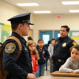 A school resource officer monitoring students in a school setting