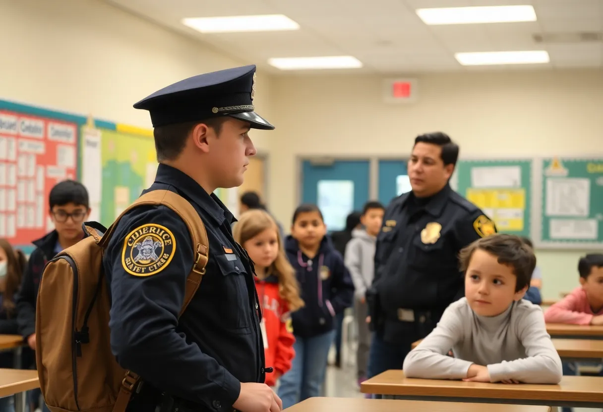 A school resource officer monitoring students in a school setting