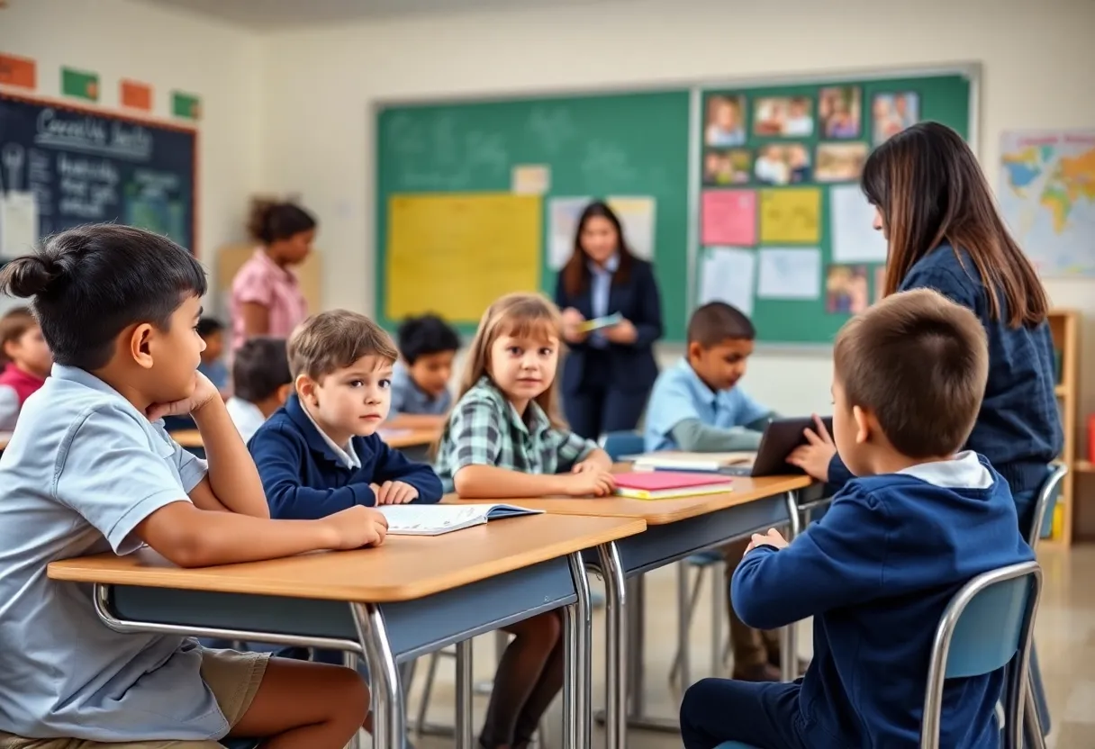 Students in a classroom practicing safety measures