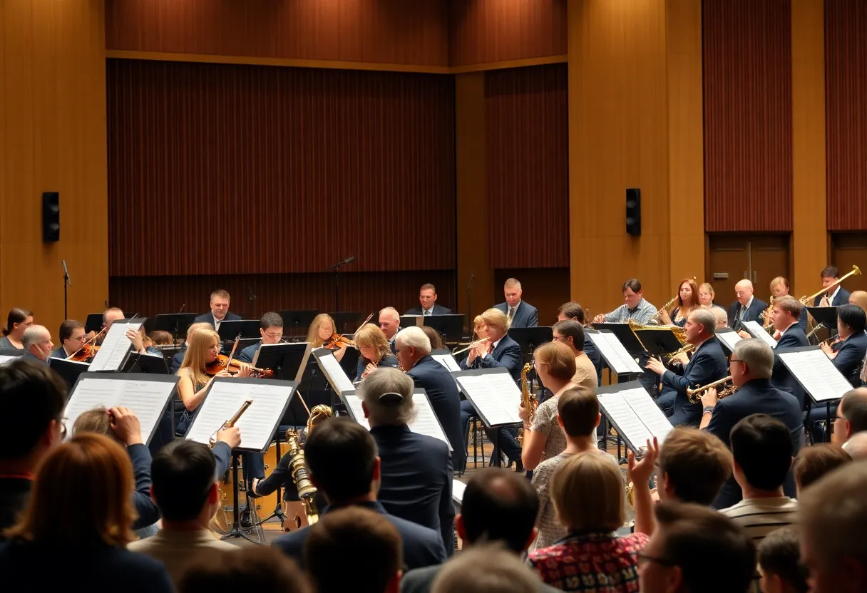 Community members playing instruments in a symphonic band concert.