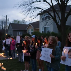 Community vigil for a missing child with candles and messages of hope.