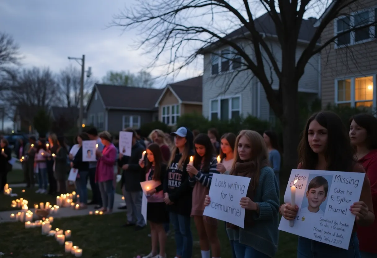Community vigil for a missing child with candles and messages of hope.
