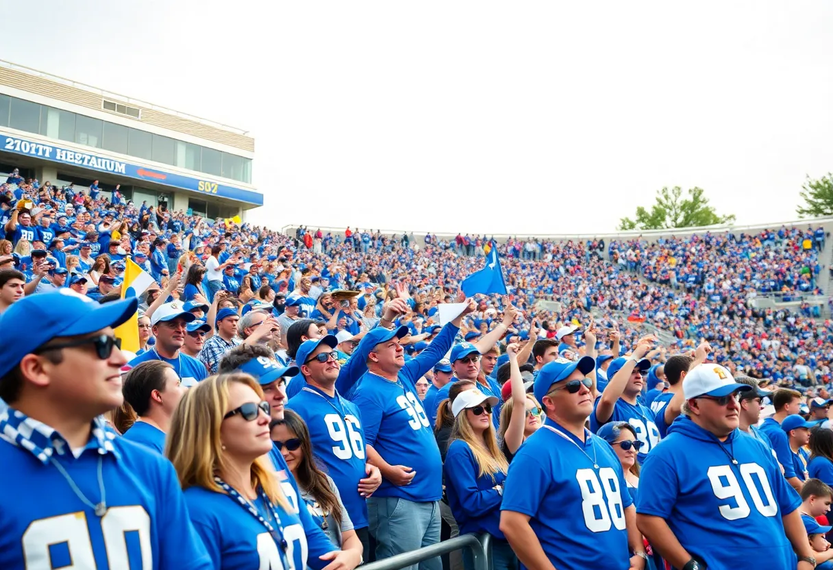 Fans at Scott Stadium dressed in blue for the football game