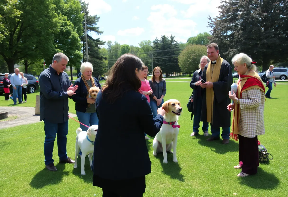 Families gathering with pets for the Blessing of the Animals event