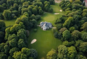 Aerial view of Capital City Country Club with historic clubhouse and golf course