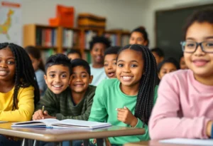 Students in a hybrid classroom environment sharing resources between charter and public schools.