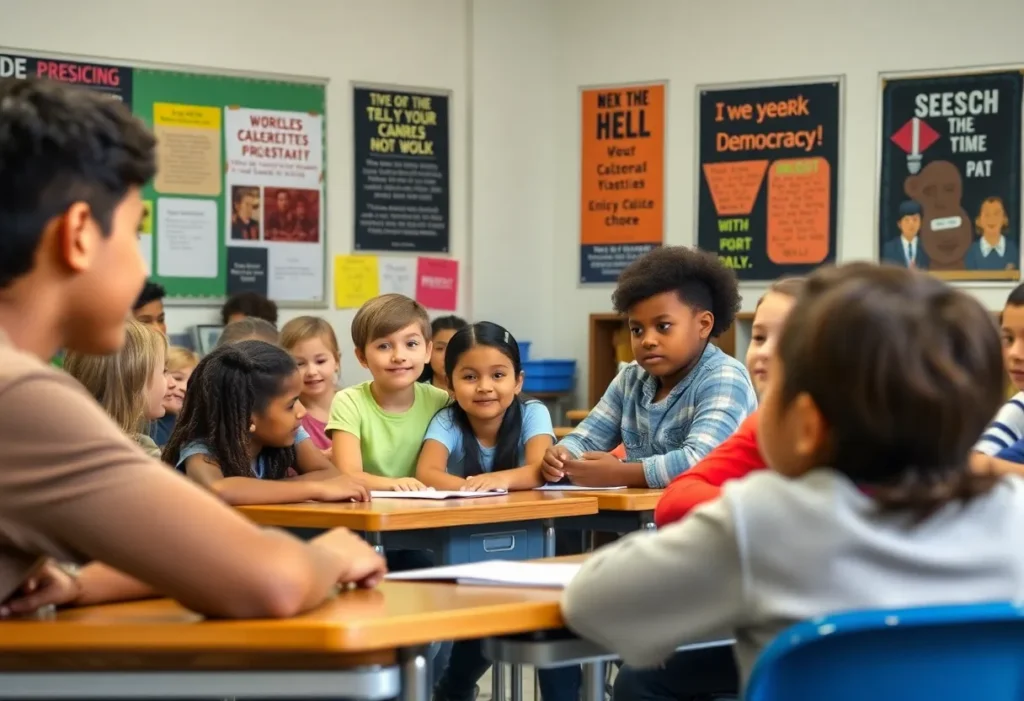 Students in a classroom learning about civic engagement
