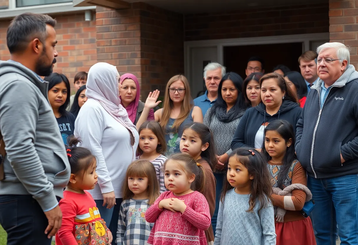 Community members discussing child safety outside a school
