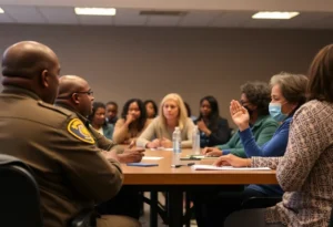 Community members and law enforcement discussing gun violence prevention strategies.